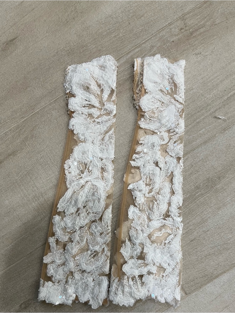 Bridal Lace Sequin Forearm Gloves - White over Nude